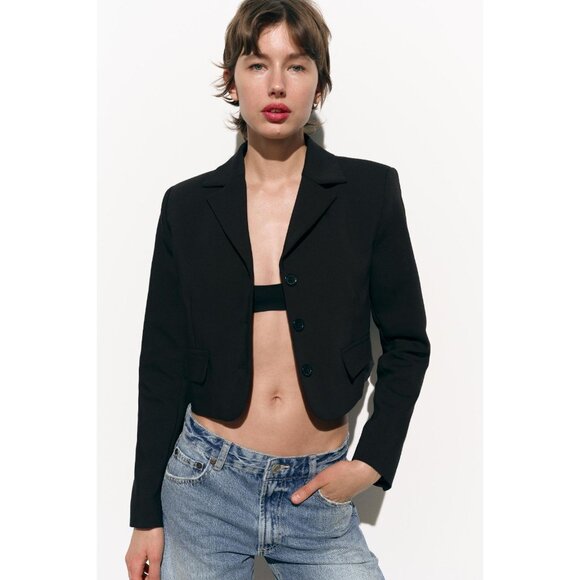 ZARA Black Crepe Oversized Single Breasted Cropped Blazer Suit Jacket, Size L - Picture 11 of 12